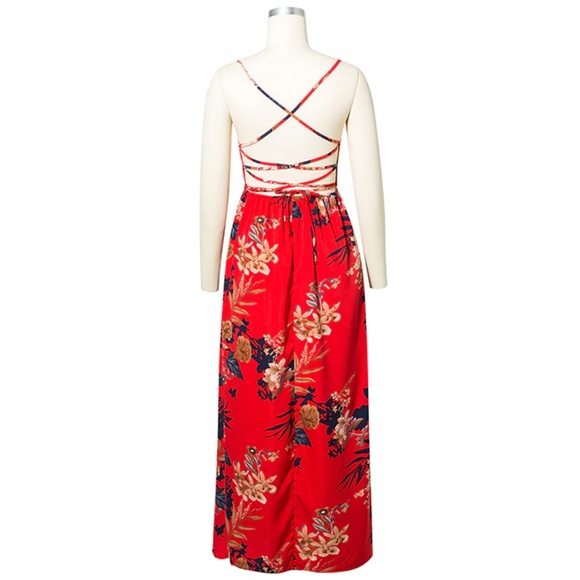 BRAND NEW Lace Up Pleated Red Floral Maxi Dress - Picture 3 of 8